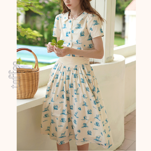 カントリー風アニマルプリント半袖シャツ&ミドル丈スカートのセットアップ 《Z00751》