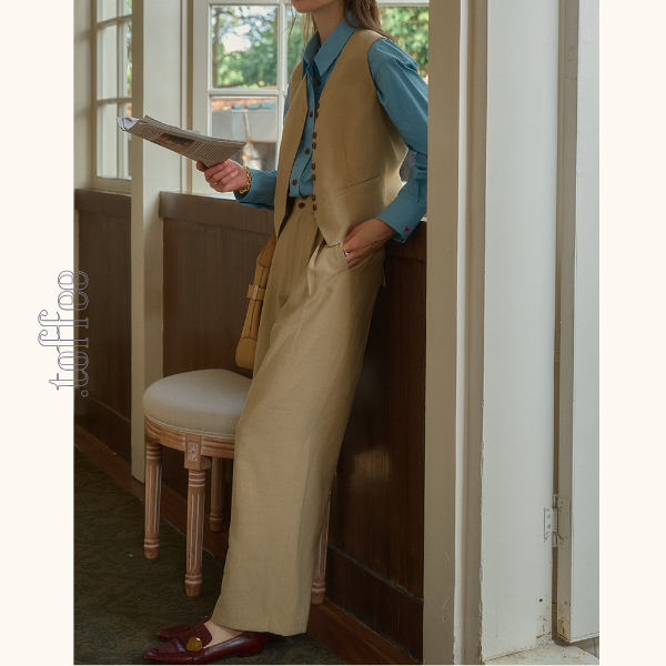 レトロ調シングルブレストベスト&ハイウエストワイドパンツセットアップ 《Z00815》