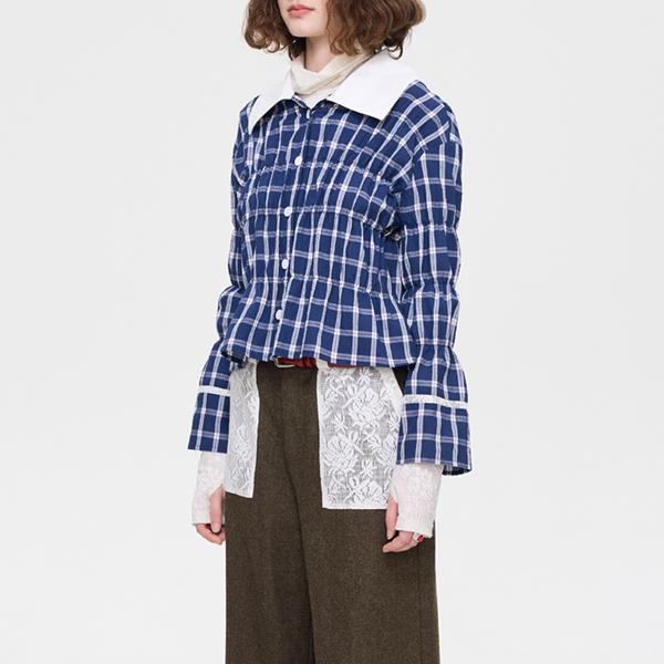 レースディテールチャック柄ブルーシャツ 《Z00636》