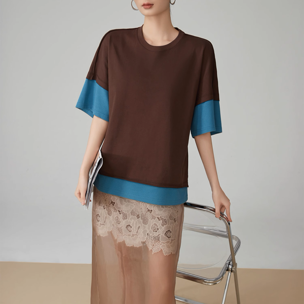 バイカラークルーネックレイヤード風トップス《Z00920》