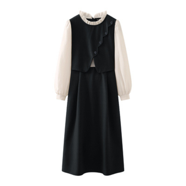 【3color】フェイクツーピース パールエッジワンピース X-424