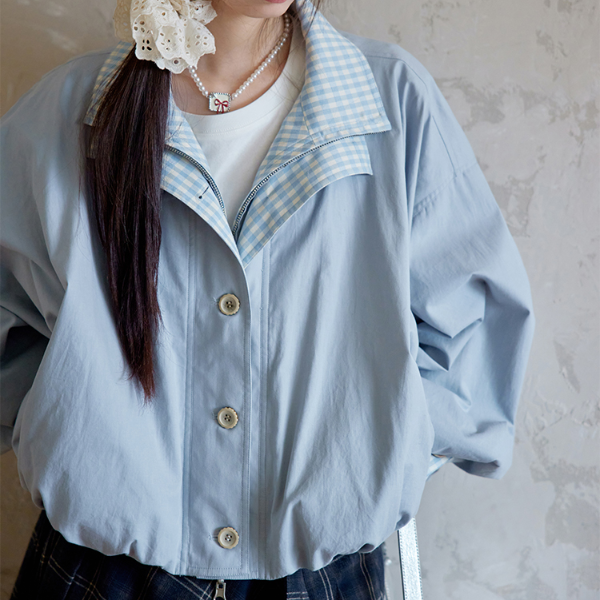 無地×ギンガムチェックのコントラストカラーバルーンジャケット 《Z00765》