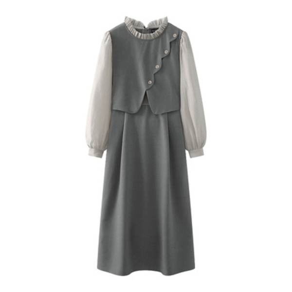 【3color】フェイクツーピース パールエッジワンピース X-424