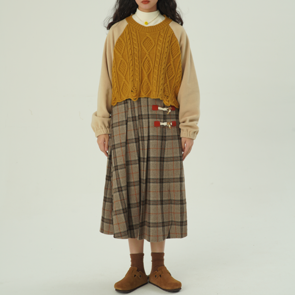 【2color】ホーンボタンチェック柄ロングスカート Z00607