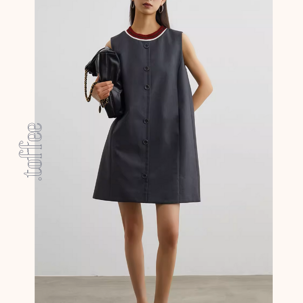 コントラストカラーフロントボタンノースリーブミニワンピース《Z00945》