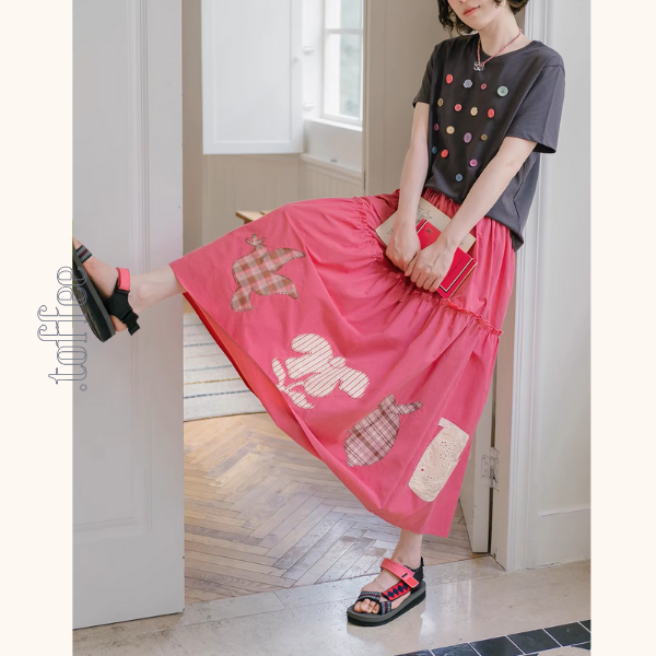 【2color】遊び心アップリケ刺繍スカート《Z01074》