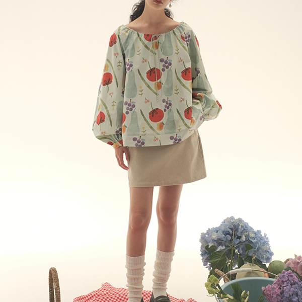 【2color】野菜と果物のコットンルーズプリントシャツ Z00447