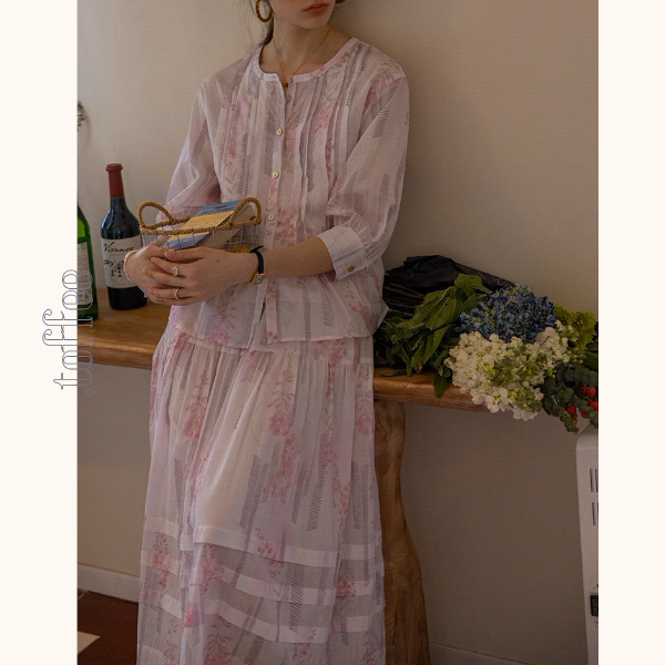 桜ピンクプリーツシャツ&ミモレ丈ティーアドスカートセットアップ《Z00867》