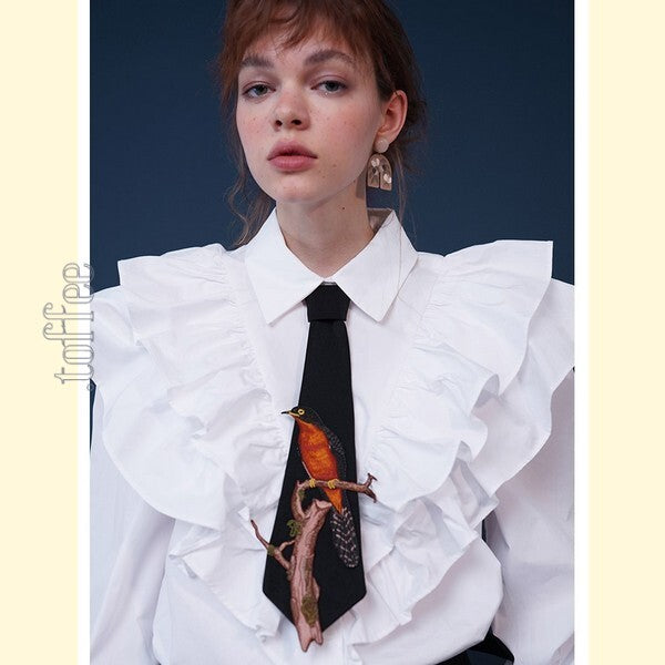 【3color】自由を纏う:手仕事の鳥刺繍タイ C0179