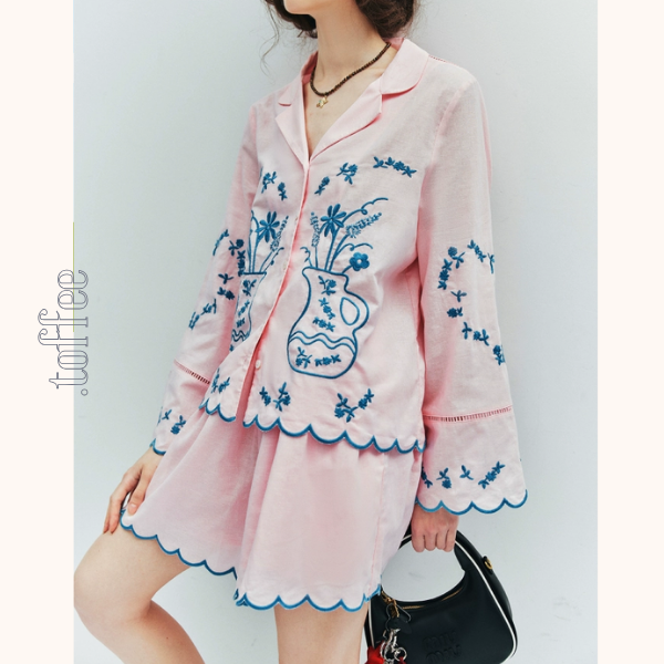 フラワーベース刺繍シャツ&ショートパンツセットアップ《Z01006》