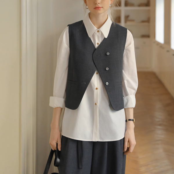 Vネックシングルブレストショートベスト&ハイウエストワイドスーツパンツセットアップ《Z00889》