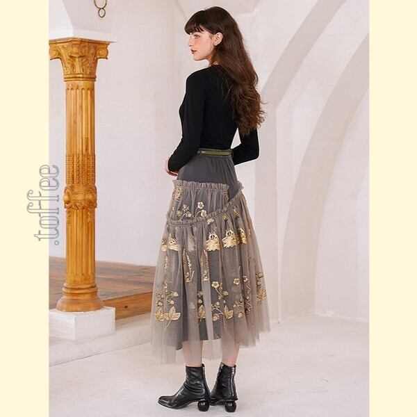 ニッチでクラシカルな植物画刺繍:フェアリーシアースカート C0163