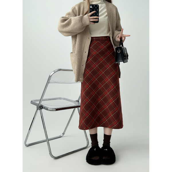 タータンチェックAラインロングスカート X-515