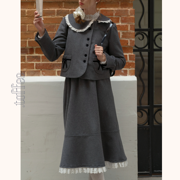 リボン&レースジャケット&Aラインミディ丈フレアスカートセットアップ 《Z00782》