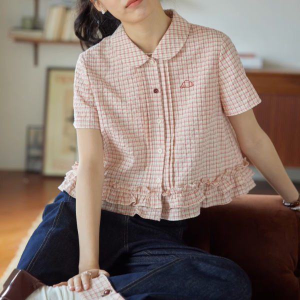 ラッフルヘムクロップドチェックシャツ《Z01021》