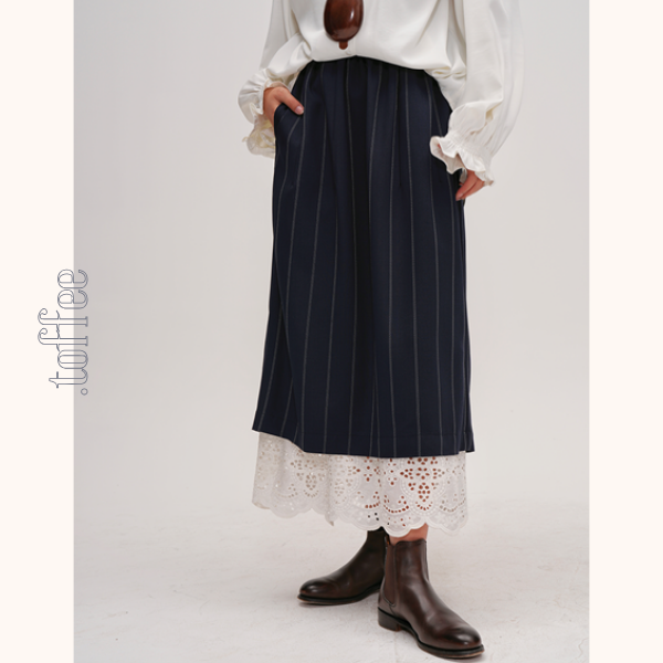 ネイビーストライプ&レース重ね着スカート Z00477