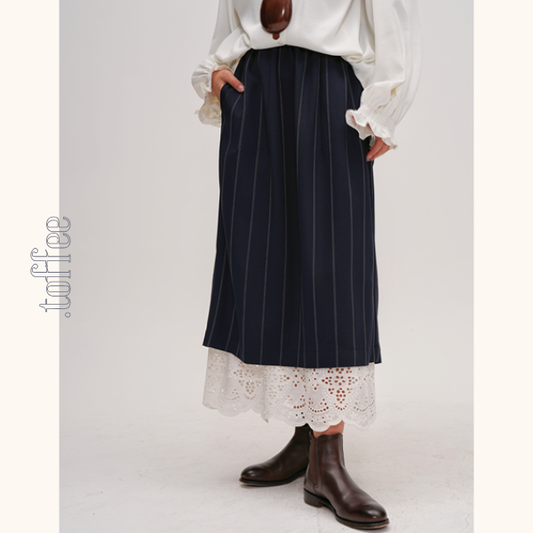 ネイビーストライプ&レース重ね着スカート Z00477