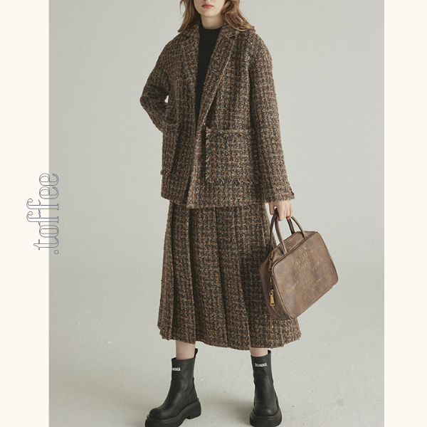 千鳥格子ツイードジャケット&ロングプリーツスカートセットアップ 《Z00775》