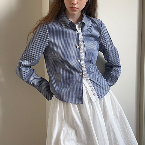 ギンガムチェック柄レースディテールシャツ 《Z00739》