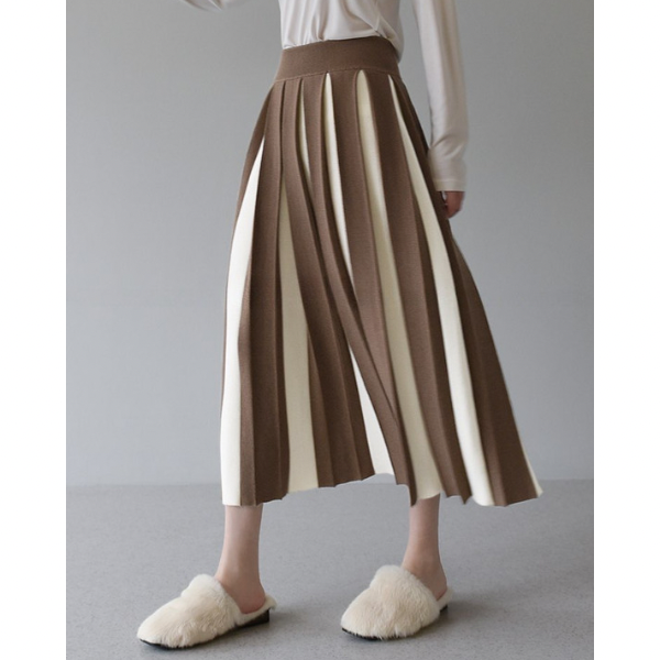 【6color】バイカラープリーツスカート w-079