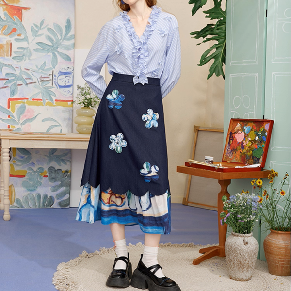 レトロ可愛い花刺繍レイヤードスカート《Z01056》