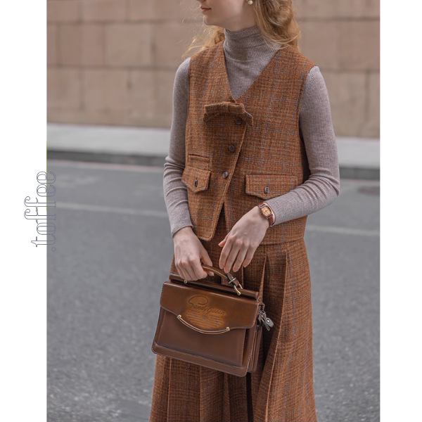 【3color】チェック柄リボン装飾ジレ&ミモレ丈プリーツスカートセットアップ《Z00858》