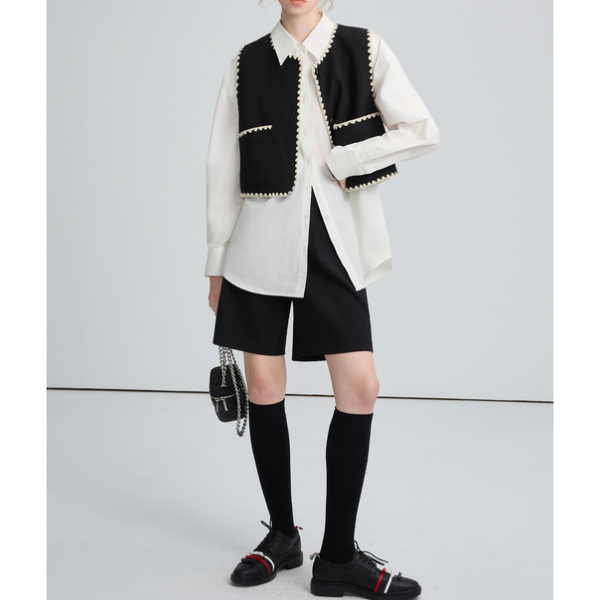 刺繍トリミングのショートベスト X-295