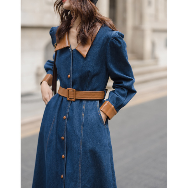 異素材ミックスバイカラーデニムワンピース AU-225