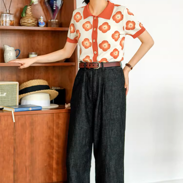 【2color】フラワープリントバイカラーポロシャツ《Z00981》