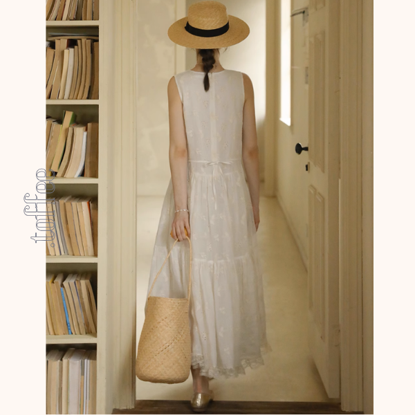 レース&アイレット刺繍ロングティアードワンピース《Z00888》