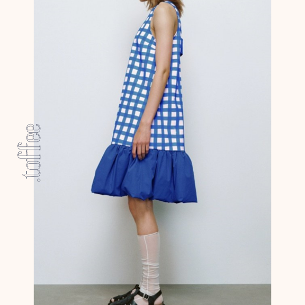 チェック切り替えバルーンワンピース Z00412