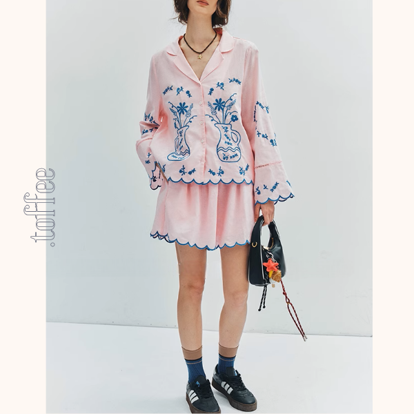 フラワーベース刺繍シャツ&ショートパンツセットアップ《Z01006》