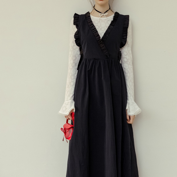 Vネックフリルロングワンピース Z00139