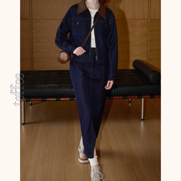 ジップジャケット&フロントスリットロングスカートのデニムセットアップ Z00475