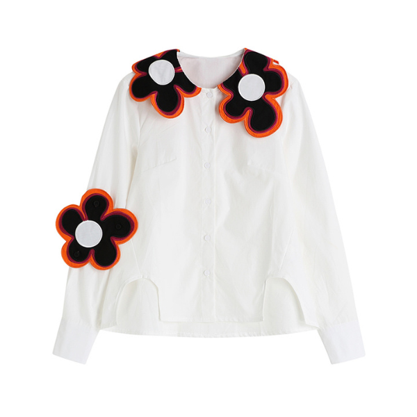 フラワーモチーフ付きフロントカッティングシャツ X-312