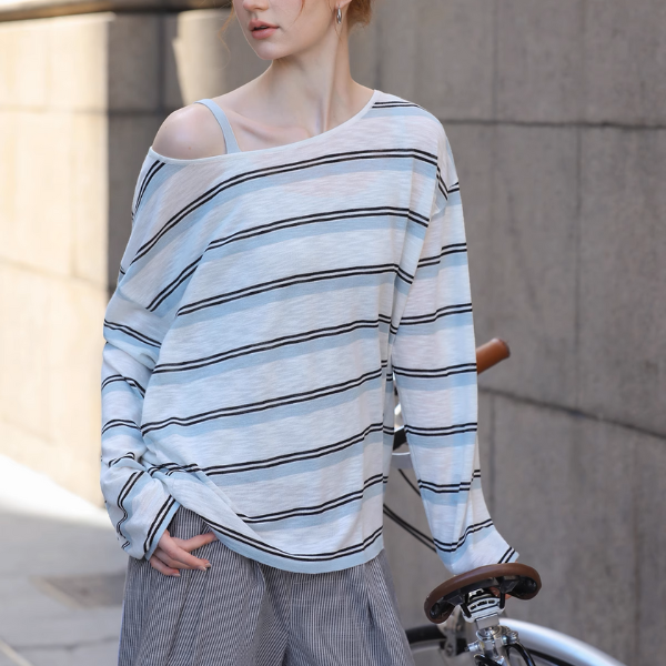 【2color】ワンショルダーストライプシアーニットトップ《Z01027》
