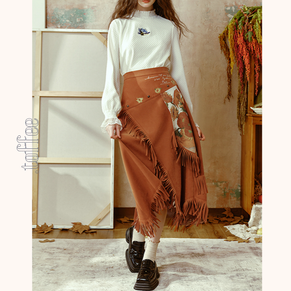 【2color】フリンジ付きアアシンメトリーロングスカート   《Z00664》