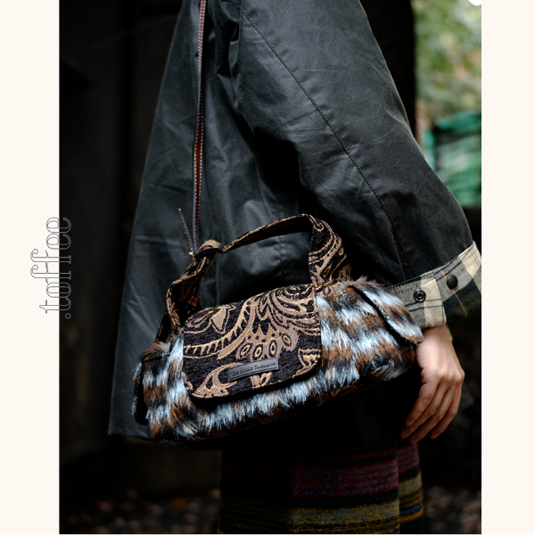 ファー付きダマスク織りショルダーバッグ 《Z00788》