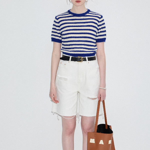 ハーフクルーネックストライプニットトップ Z00320