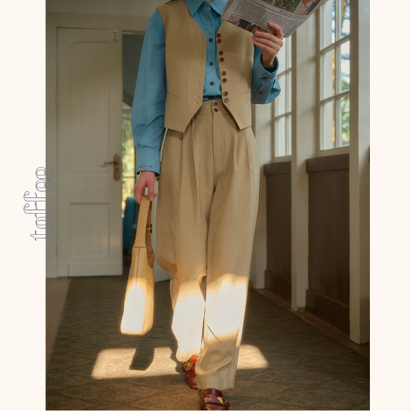 レトロ調シングルブレストベスト&ハイウエストワイドパンツセットアップ 《Z00815》