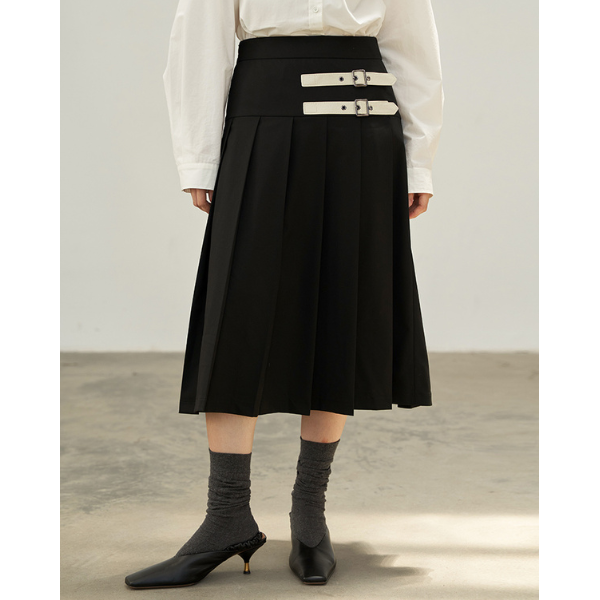 【2color】二つのベルト付きミモレ丈Aラインプリーツスカート Z00223