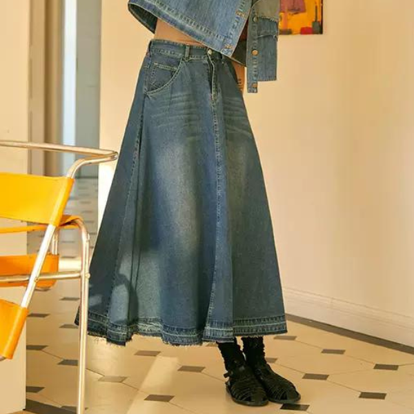 デニムミモレ丈フレアスカート w-012