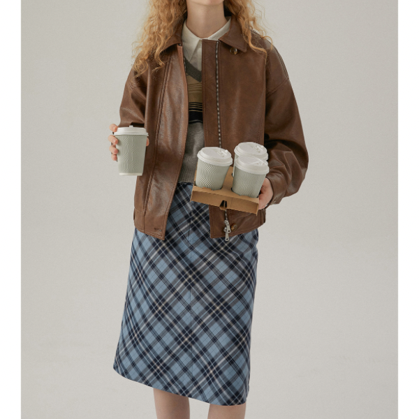 タータンチェックハイウエストミドル丈スカート X-440