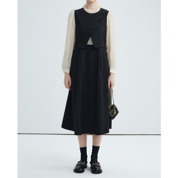 【3color】フェイクツーピース パールエッジワンピース X-424