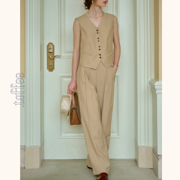 レトロ調シングルブレストベスト&ハイウエストワイドパンツセットアップ 《Z00815》