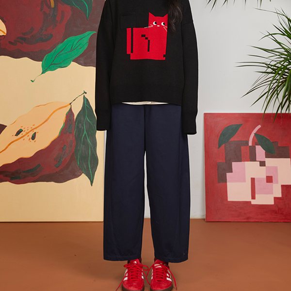 キャット刺繍コットンテーパードパンツ 《Z00697》