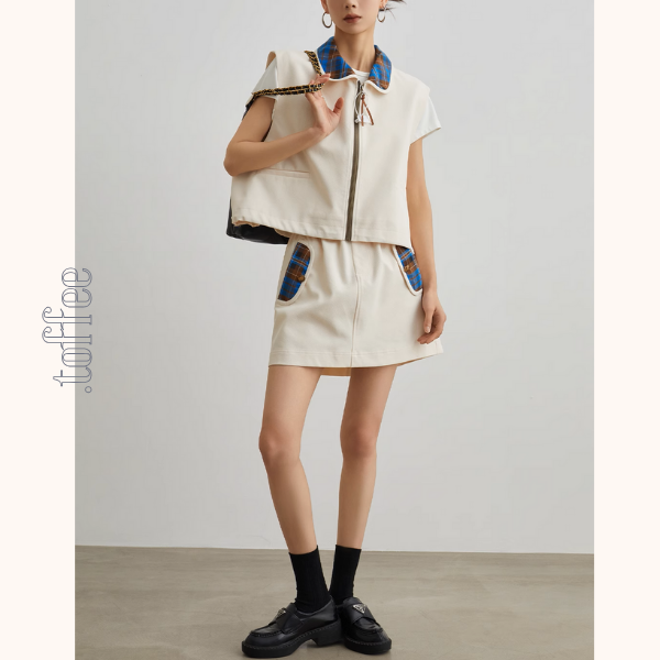 フロントジップアップベスト&ミニスカートセットアップ《Z00947》