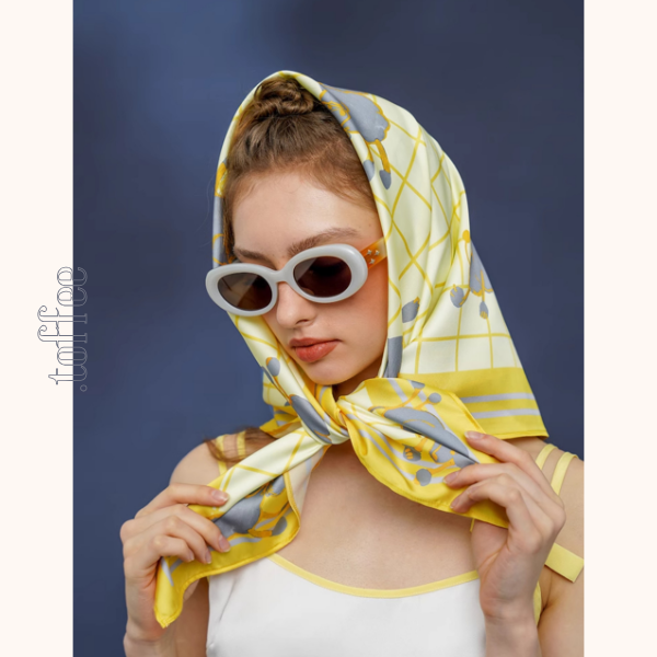 羊プリント レモンイエローウィンドウチェック シルキータッチ大判スカーフ C0147