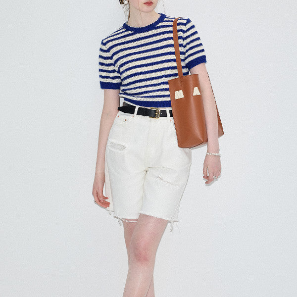ハーフクルーネックストライプニットトップ Z00320
