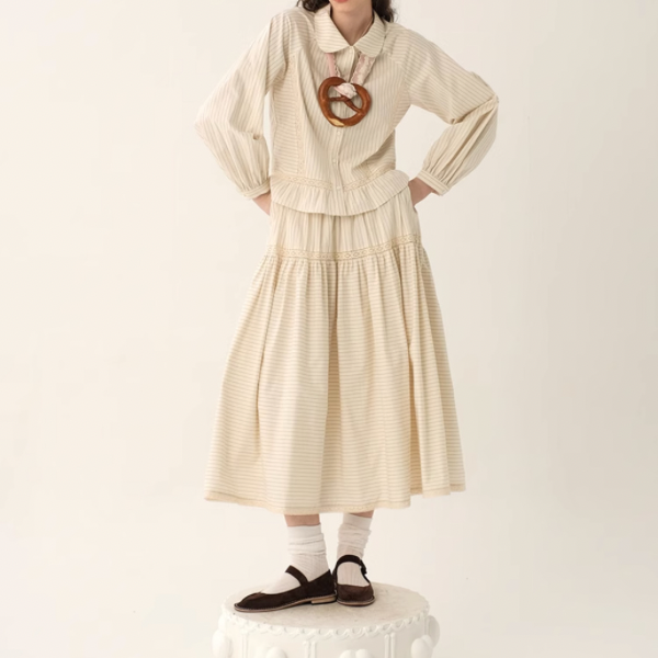 【2color】レトロストライプフリルヘムセットアップ X-263